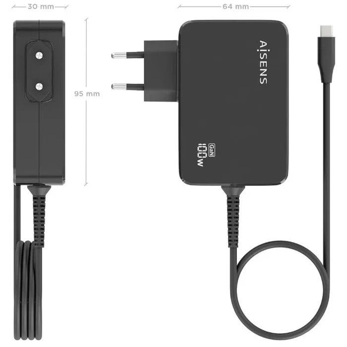 Aisens Cargador GaN 100W USB-C PD3.0 con cable de 1.8m Negro